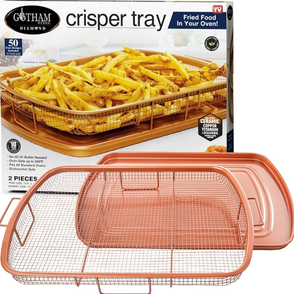  Steel Crisper Tray for Oven, 2 Piece Nonstick Copper Crisper Tray and Basket,